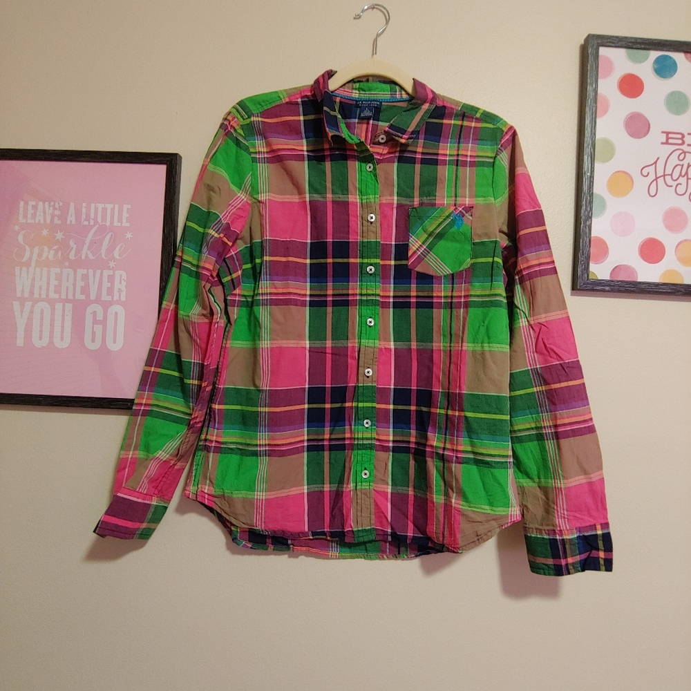 US Polo button up pink green cotton plaid large